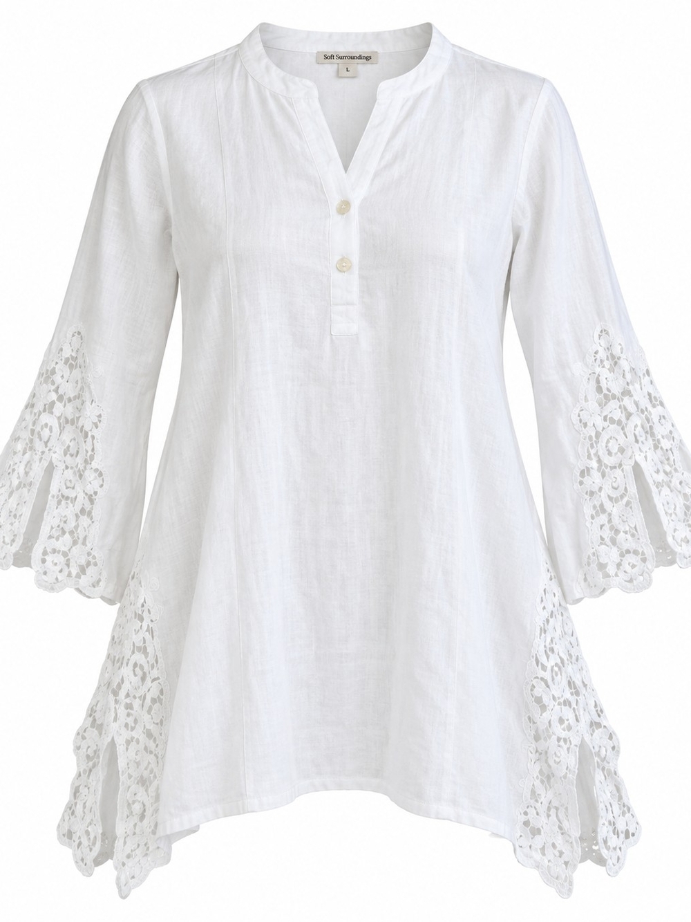 SOFT SURROUNDINGS | White 100% Linen Lace A-Line Swing Tunic Bell Sleeve Top | L